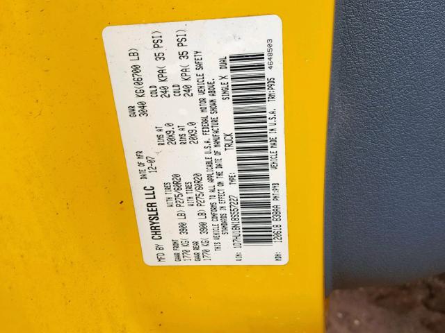 1D7HU18N18S557227 - 2008 DODGE RAM 1500 S YELLOW photo 10