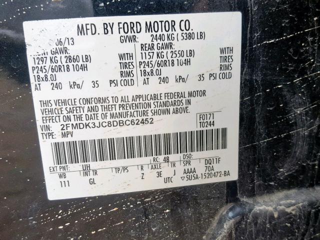 2FMDK3JC8DBC62452 - 2013 FORD EDGE SEL BLACK photo 10