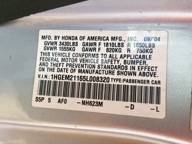 1HGEM21165L008320 - 2005 HONDA CIVIC DX V SILVER photo 10