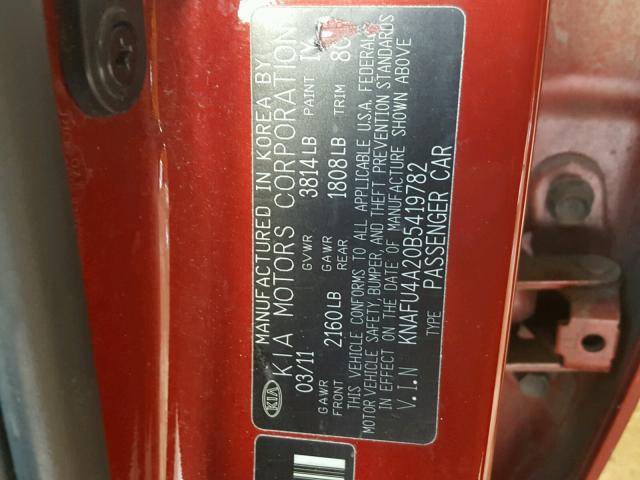 KNAFU4A20B5419782 - 2011 KIA FORTE EX RED photo 10