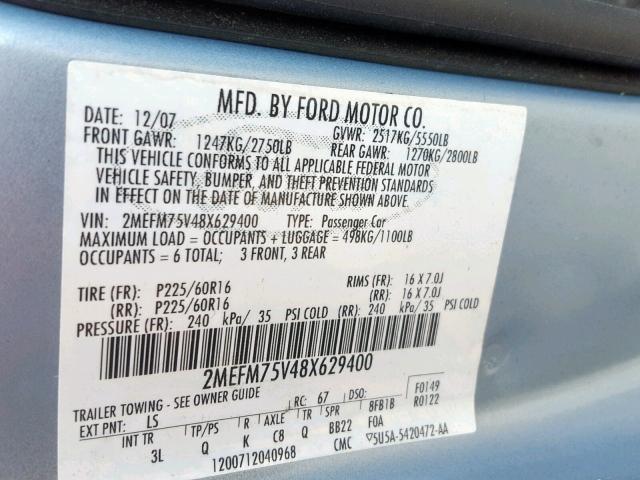 2MEFM75V48X629400 - 2008 MERCURY GRAND MARQ BLUE photo 10