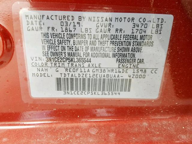 3N1CE2CP5KL365544 - 2019 NISSAN VERSA NOTE RED photo 10