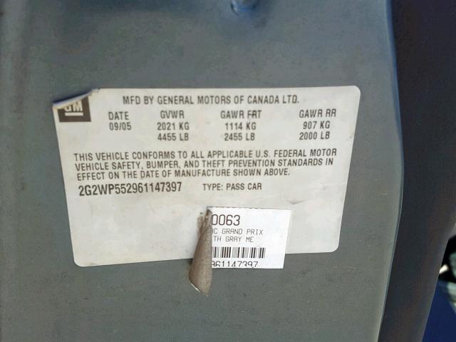 2G2WP552961147397 - 2006 PONTIAC GRAND PRIX BLUE photo 10