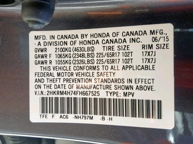 2HKRM4H74FH667525 - 2015 HONDA CR-V EXL GRAY photo 10