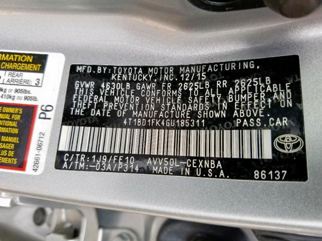 4T1BD1FK4GU185311 - 2016 TOYOTA CAMRY HYBR SILVER photo 10