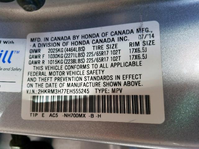 2HKRM3H77EH555245 - 2014 HONDA CR-V EXL SILVER photo 10