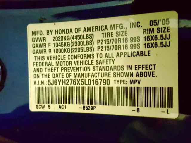 5J6YH276X5L016790 - 2005 HONDA ELEMENT EX BLUE photo 10