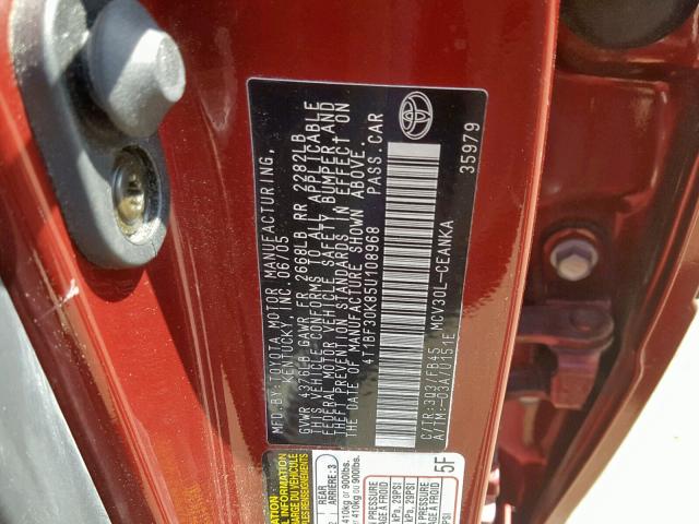 4T1BF30K85U108968 - 2005 TOYOTA CAMRY LE BURGUNDY photo 10