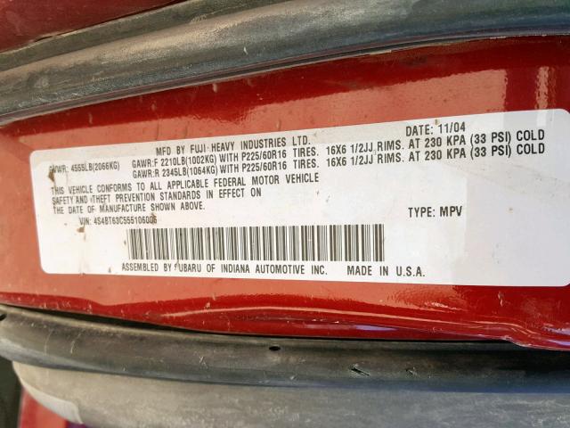 4S4BT63C555106006 - 2005 SUBARU BAJA TURBO RED photo 10