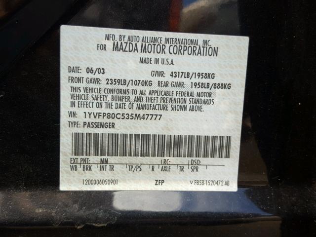 1YVFP80C535M47777 - 2003 MAZDA 6 I BLACK photo 10