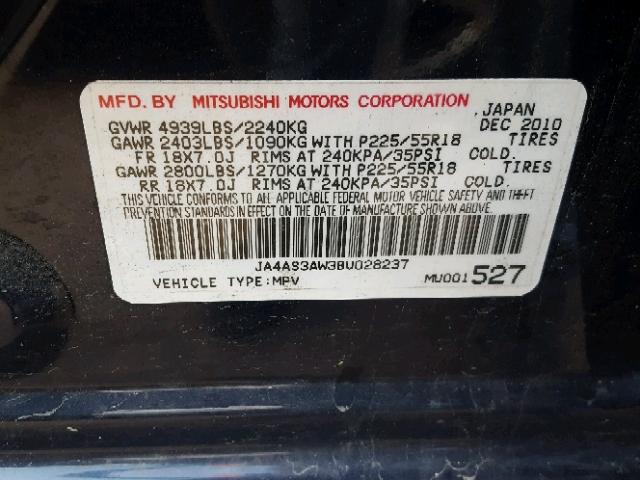 JA4AS3AW3BU028237 - 2011 MITSUBISHI OUTLANDER BLUE photo 10