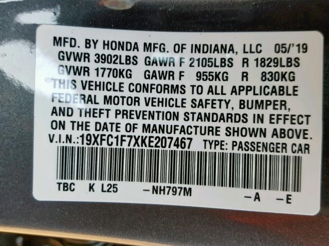 19XFC1F7XKE207467 - 2019 HONDA CIVIC EXL GRAY photo 10