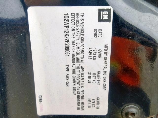 1G2WP12K22F209061 - 2002 PONTIAC GRAND PRIX BLUE photo 10