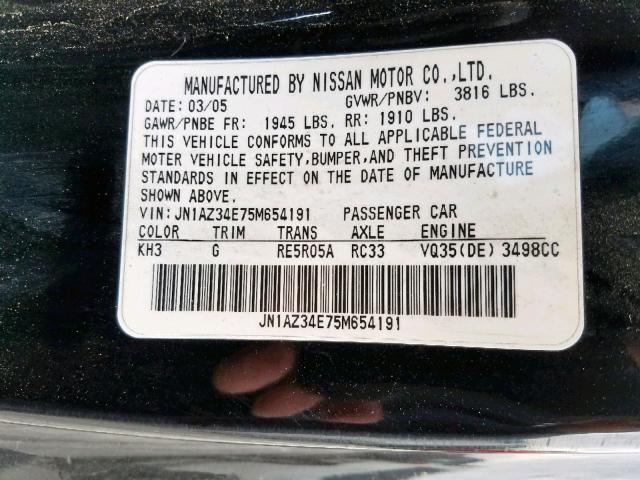 JN1AZ34E75M654191 - 2005 NISSAN 350Z COUPE BLACK photo 10