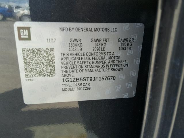 1G1ZB5ST9JF157670 - 2018 CHEVROLET MALIBU LS ნაცრისფერი ფოტო 10