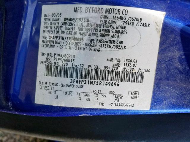 3FAFP31N75R149696 - 2005 FORD FOCUS ZX3 BLUE photo 10