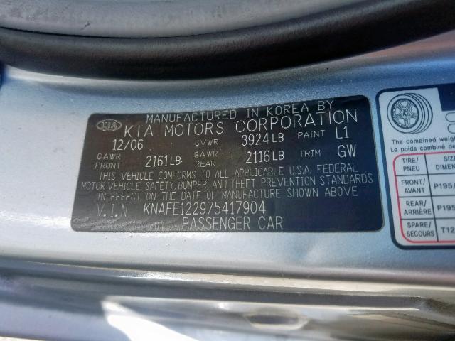 KNAFE122975417904 - 2007 KIA SPECTRA EX SILVER photo 10