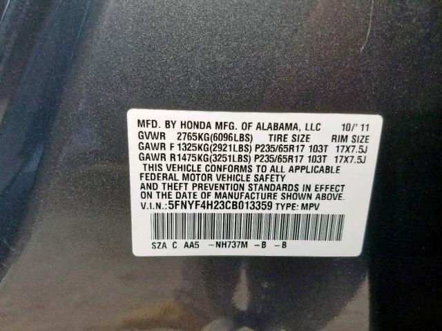 5FNYF4H23CB013359 - 2012 HONDA PILOT LX GRAY photo 10