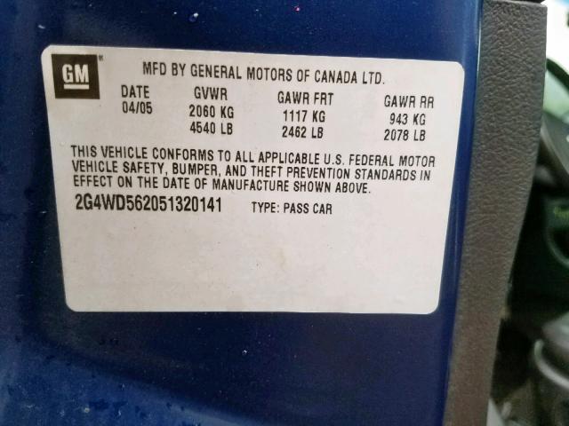 2G4WD562051320141 - 2005 BUICK LACROSSE C BLUE photo 10