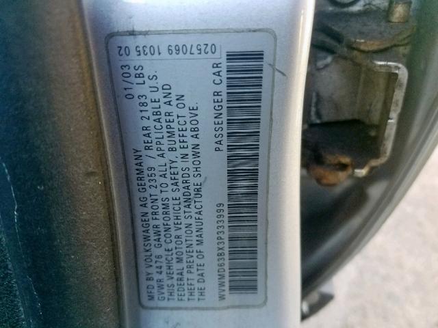 WVWMD63BX3P333999 - 2003 VOLKSWAGEN PASSAT GL GRAY photo 10