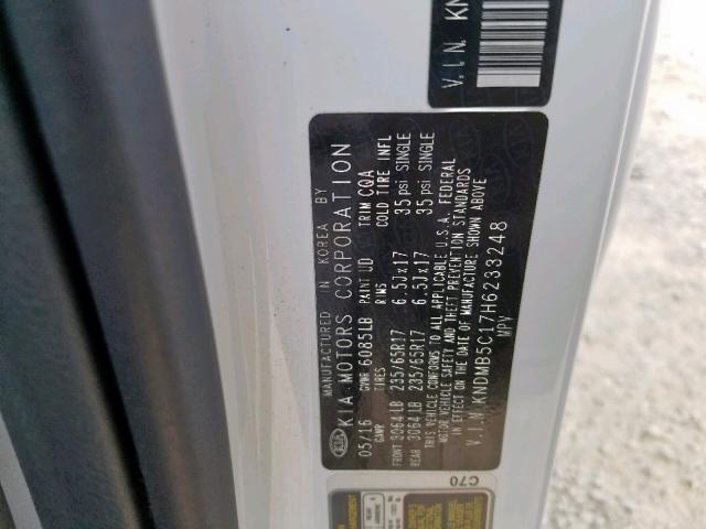 KNDMB5C17H6233248 - 2017 KIA SEDONA LX WHITE photo 10