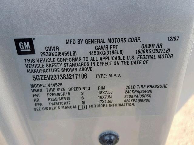 5GZEV23738J217106 - 2008 SATURN OUTLOOK XR ვერცხლისფერი ფოტო 10