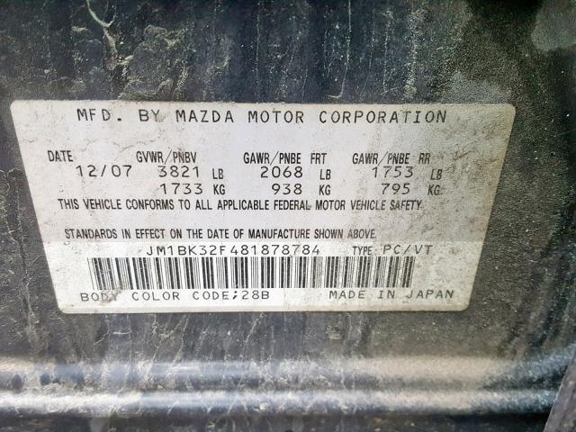 JM1BK32F481878784 - 2008 MAZDA 3 I GRAY photo 10