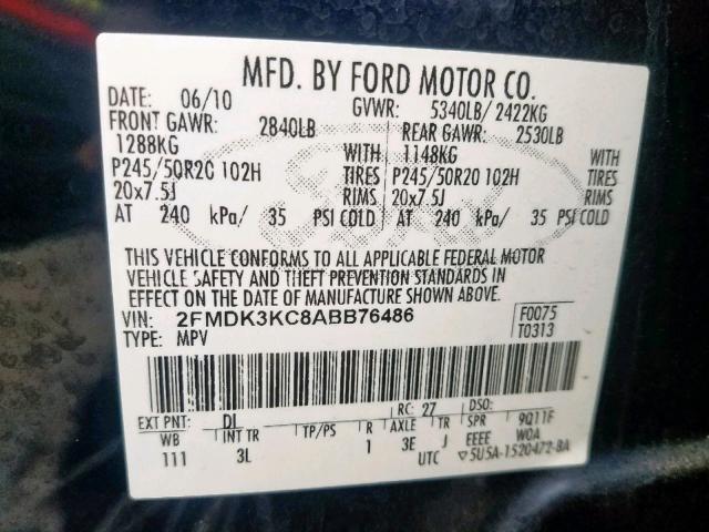 2FMDK3KC8ABB76486 - 2010 FORD EDGE LIMIT BLUE photo 10