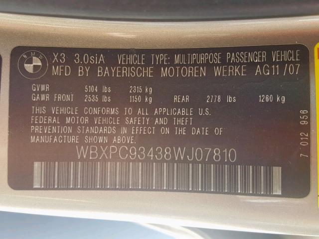 WBXPC93438WJ07810 - 2008 BMW X3 3.0SI GOLD photo 10