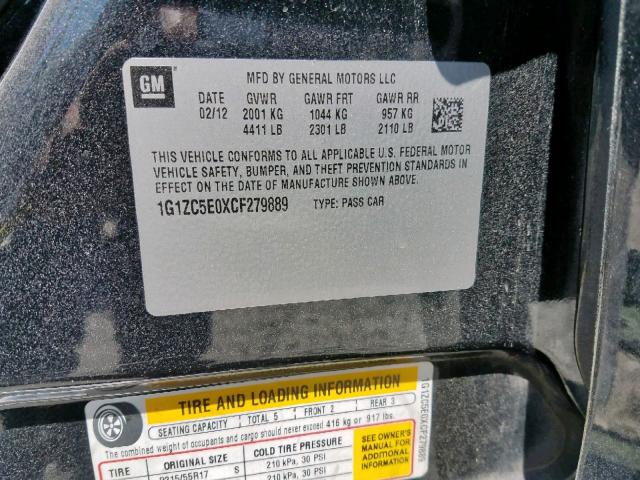 1G1ZC5E0XCF279889 - 2012 CHEVROLET MALIBU 1LT 黑色 照片 10