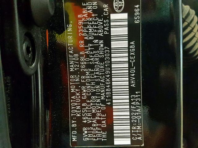 4T1BB46K49U103037 - 2009 TOYOTA CAMRY HYBR BLACK photo 10