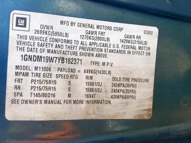 1GNDM19W7YB182371 - 2000 CHEVROLET ASTRO GREEN photo 10