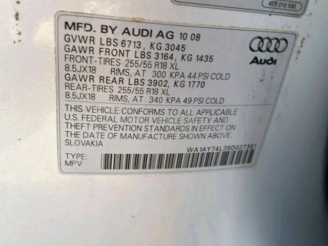 WA1AY74L39D027381 - 2009 AUDI Q7 3.6 QUA SILVER photo 10