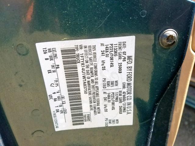 1FTYR14U1WTA83750 - 1998 FORD RANGER SUP GREEN photo 10