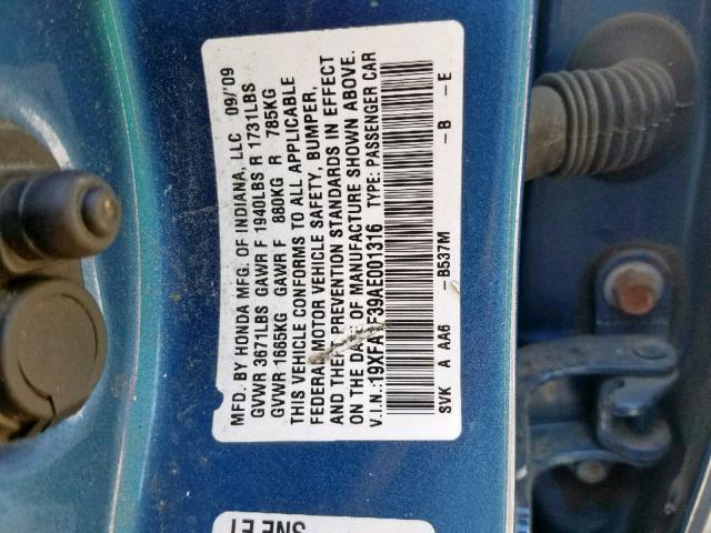 19XFA1F39AE001316 - 2010 HONDA CIVIC VP BLUE photo 10