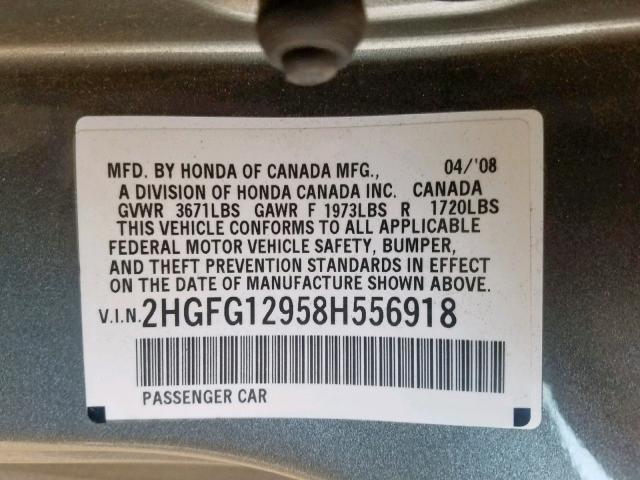 2HGFG12958H556918 - 2008 HONDA CIVIC EXL 灰色 照片 10