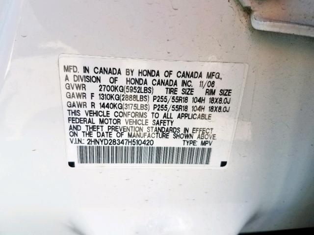 2HNYD28347H510420 - 2007 ACURA MDX TECHNO WHITE photo 10