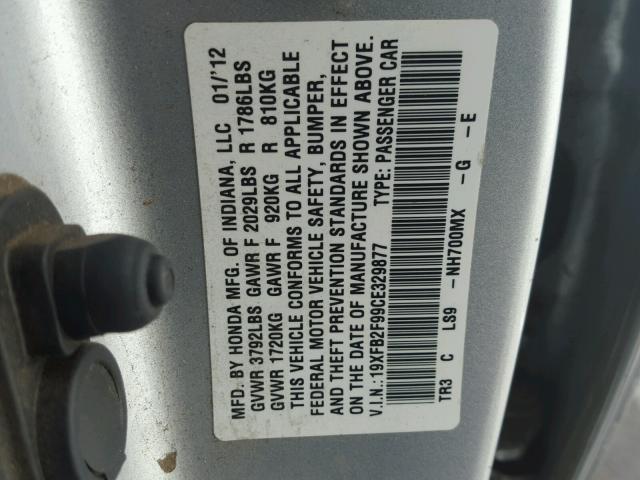 19XFB2F99CE329877 - 2012 HONDA CIVIC EXL SILVER photo 10