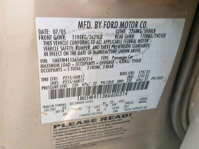 1MEFM41136G600314 - 2006 MERCURY MONTEGO LU BEIGE photo 10