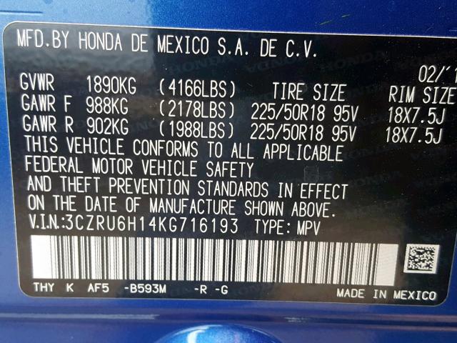 3CZRU6H14KG716193 - 2019 HONDA HR-V SPORT BLUE photo 10