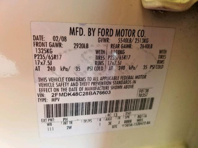 2FMDK48C28BA76603 - 2008 FORD EDGE SEL WHITE photo 10