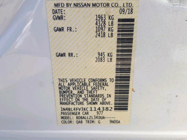 1N4BL4FV3KC114382 - 2019 NISSAN ALTIMA PLA WHITE photo 10