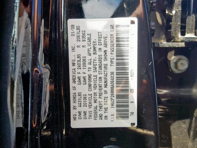 1HGCP26888A064036 - 2008 HONDA ACCORD EXL BLACK photo 10