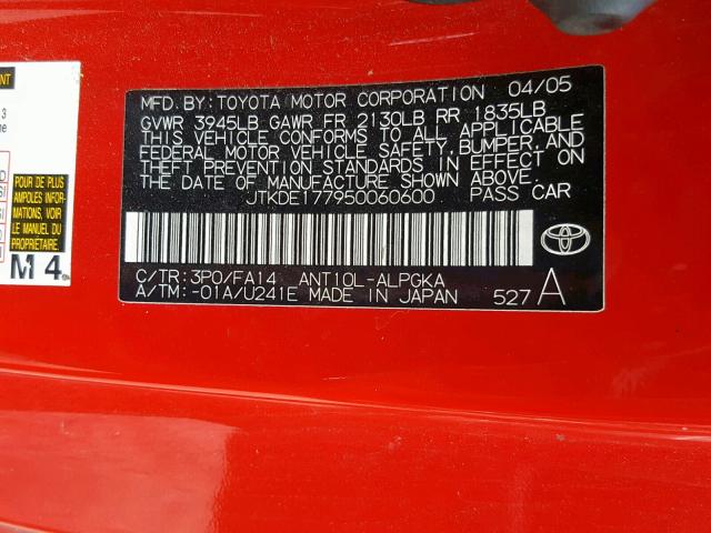 JTKDE177950060600 - 2005 TOYOTA SCION TC წითელი ფოტო 10