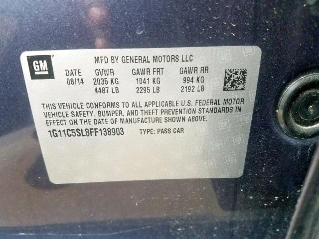 1G11C5SL8FF138903 - 2015 CHEVROLET MALIBU 1LT 蓝色 照片 10