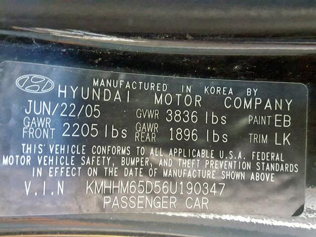 KMHHM65D56U190347 - 2006 HYUNDAI TIBURON GS BLACK photo 10