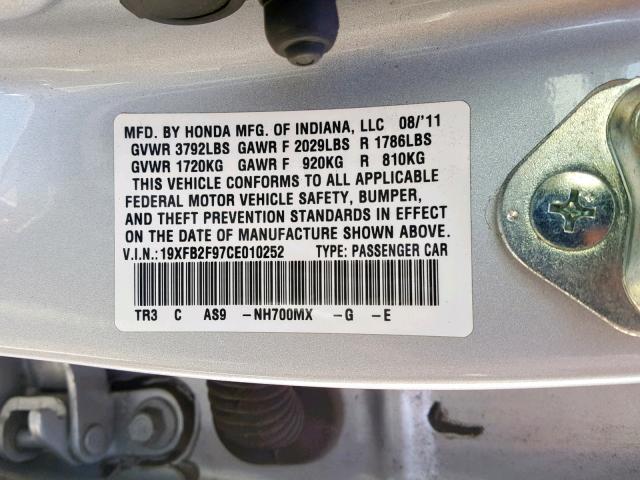 19XFB2F97CE010252 - 2012 HONDA CIVIC EXL 银色 照片 10