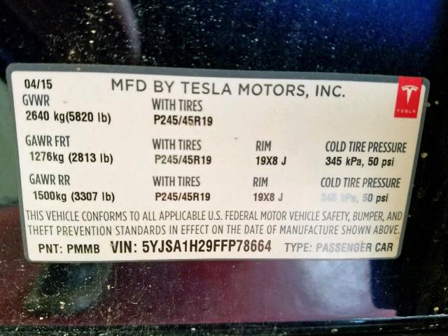 5YJSA1H29FFP78664 - 2015 TESLA MODEL S 85 BLUE photo 10