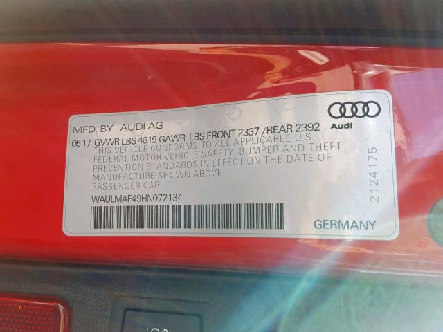 WAULMAF49HN072134 - 2017 AUDI A4 ULTRA P RED photo 10