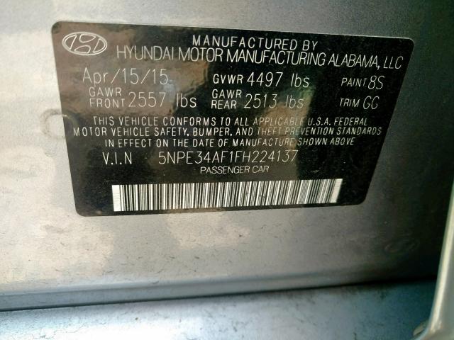 5NPE34AF1FH224137 - 2015 HYUNDAI SONATA SPO SILVER photo 10